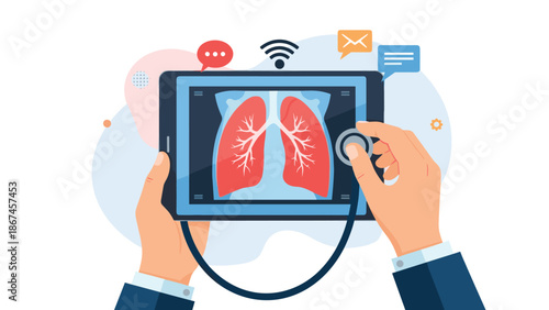 A doctor's hands hold a tablet showing an x-ray of human lungs, with a stethoscope examining the screen, symbolizing modern digital diagnostics.