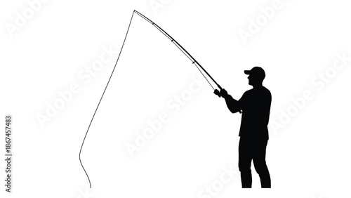 Silhouette of a fisherman casting a fishing rod against a white background