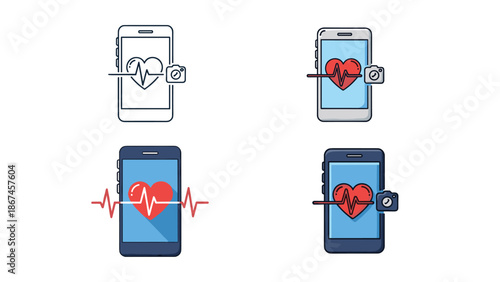 A set of four mobile health app icons, featuring a smartphone with a heart, EKG line, and a camera symbol for remote monitoring and diagnostics.