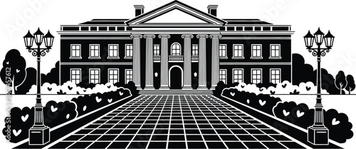 Grand neoclassical government palace silhouette with formal courtyard symmetry monumental columns and prestigious civic architecture scene.