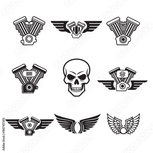Vintage motorcycle engine and skull emblem set isolated on transparent