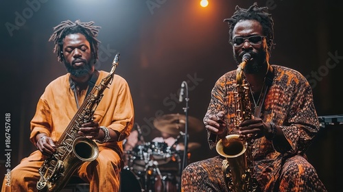 Two Musicians Playing Saxophones On Stage With Drums In The Background Under Warm Stage Lighting