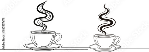 Minimalist continuous line art illustration of two steaming cups of hot coffee or tea, ideal for cafes, menus, and beverage-related graphic design elements for web and print