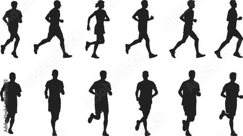Silhouettes of Runners in Motion on a White Background Keywords: silhouette, people, man, woman, male, female, runner, running