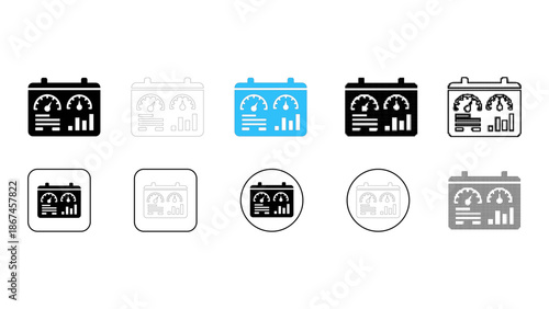 Set of car battery charge level and performance gauge icons in various styles and colors for automotive applications