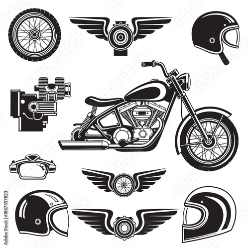 Vintage motorcycle icons and symbols with helmets and wings design
