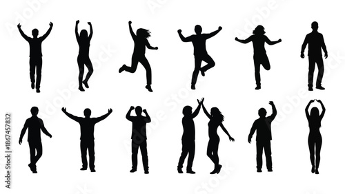 Silhouettes of people in various dynamic and joyful movement poses