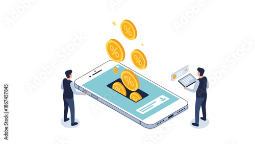 Two businessmen interact with a large isometric smartphone as gold percentage coins fly out, symbolizing mobile cashback, rewards, or online income.