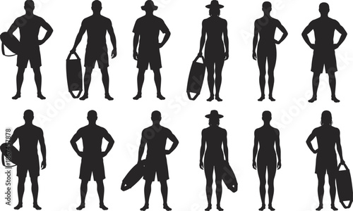 Ten Silhouettes of Lifeguards with Rescue Tubes and Hats on White Background woman male