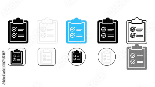 Set of clipboard with checklist icons in various styles solid, outline, colored, and different shapes for task managemen