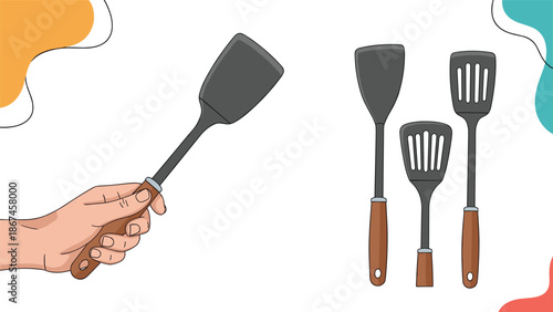 An illustration of a hand holding a spatula with a wooden handle, with a separate set of three different spatulas for cooking and kitchen use.