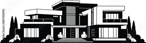 Modern luxury villa silhouette with layered volumes symmetrical facade and refined contemporary residential presence.