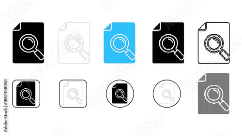 Set of document search icons, magnifying glass on file symbol, various styles and colors for data inspection and analysi