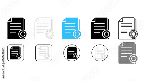 Set of document security and protection icons with shield and checkmark on white background
