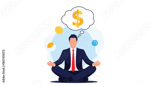 A businessman in a suit meditates in the lotus position while thinking about a dollar sign, symbolizing financial focus, wealth mindset, and business calm.