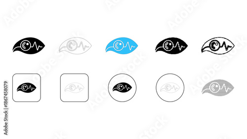 Set of eye icon variations with heartbeat line, medical and vision symbol collection in different styles