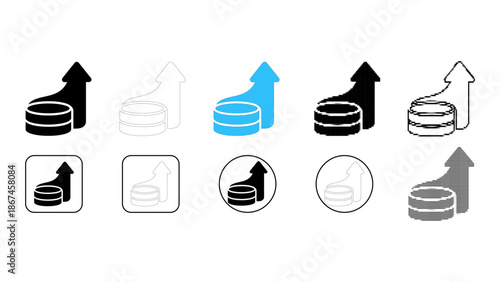 Set of financial growth icons with coins and upward trending arrow in various styles including solid, outline, and color