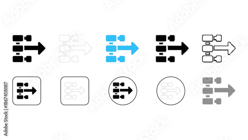 Set of five different styles of network routing or data flow icons with right arrow
