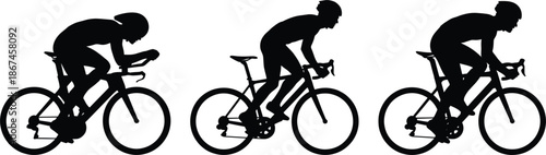 Three Cyclists In Silhouette Riding Road Bikes In A Row On White Background cycling bicycle