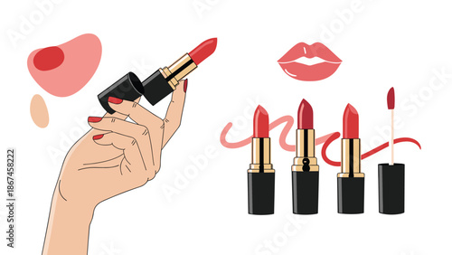 A set of beauty illustrations including a woman's hand holding a red lipstick, different lipstick tubes, swatches, and a pair of red lips.