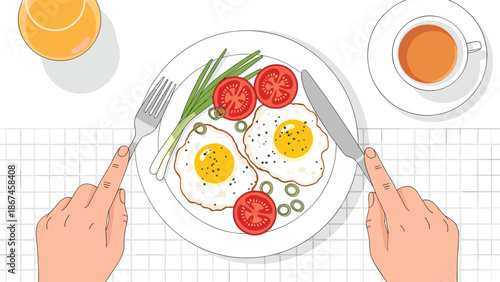 A top-down view of a person's hands with a fork and knife, ready to eat a healthy breakfast of fried eggs, tomatoes, and green onions.