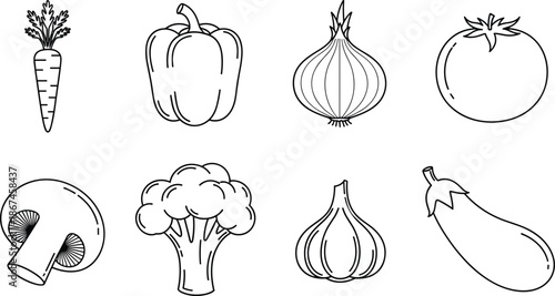 Collection Of Fresh Vegetable Line Art Icons Including Carrot Pepper Onion Tomato Mushroom Broccoli Garlic And Eggplant For Healthy Food Design