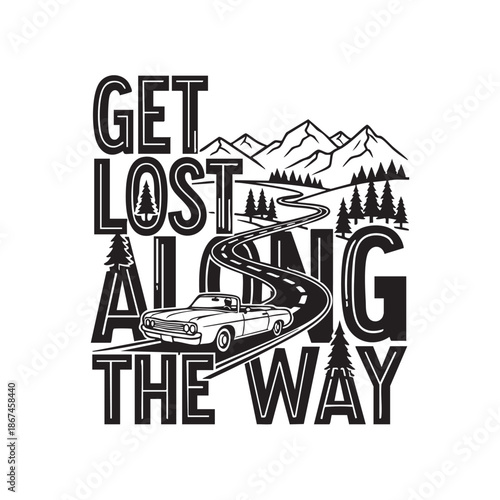 Vintage road trip design with winding road and mountains isolated illustration