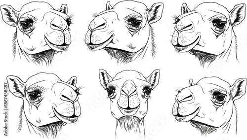 Hand drawn camel head sketch collection, black and white dromedary portrait illustrations, desert animal line art set for cad drawing flat vector illustration