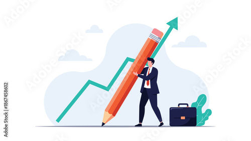 A businessman carrying a briefcase uses a giant pencil to draw a rising green arrow graph, symbolizing proactive business strategy and planning for growth.