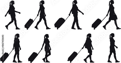 Woman with rolling suitcase walking in silhouette, multiple poses luggage