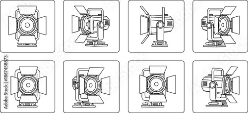 Professional Studio Stage Lighting Spotlight Icons Set, CAD Drawing Flat Vector Illustration, Film Cinema and Photography Video Equipment Technical Outline Symbols