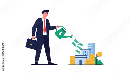 A businessman with a briefcase waters a company building from a watering can that pours out money, symbolizing business investment and real estate growth.