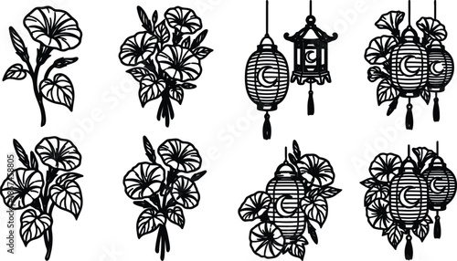 Black and white illustrations of plants and hanging lanterns on white background for design elements and decoration