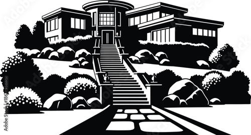 Modern hillside luxury villa silhouette with long stone stairway landscaped garden and dramatic elevated residential exterior scene.