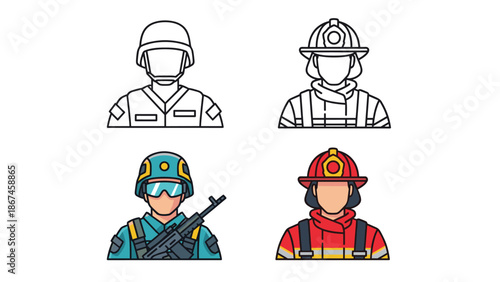 Professional avatar icons of a soldier in a helmet and a firefighter in uniform, shown in both line art and full color styles.