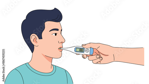 Doctor or nurse's hand measuring a young man's temperature with a digital oral thermometer to check for fever or illness.