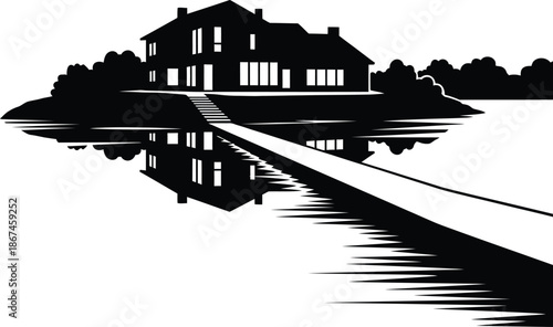 Peaceful lakeside house silhouette with long wooden pier mirror water reflection and tranquil countryside evening atmosphere.