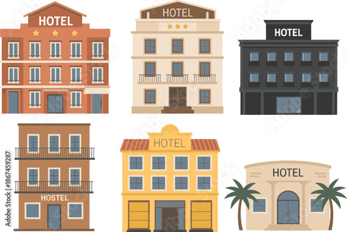 Hotel and hostel buildings, accommodation types, architectural styles, travel lodging, exterior design, tourism concept, urban structure, guest stay, facade illustration, hospitality theme