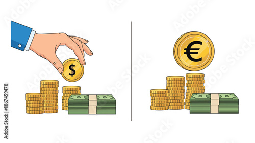 Financial concept comparing US dollar and Euro currencies, with a hand stacking coins on money piles for investment or savings.