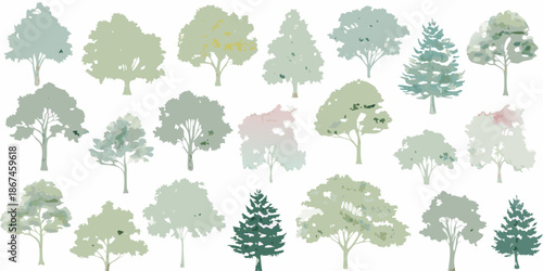 A collection of stylized trees in varying shapes and muted pastel colors