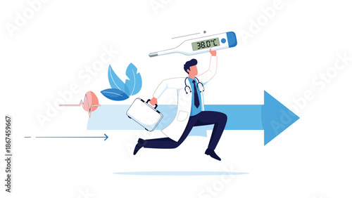 Doctor running with a medical briefcase and a thermometer showing a fever, symbolizing a fast response to a health emergency.