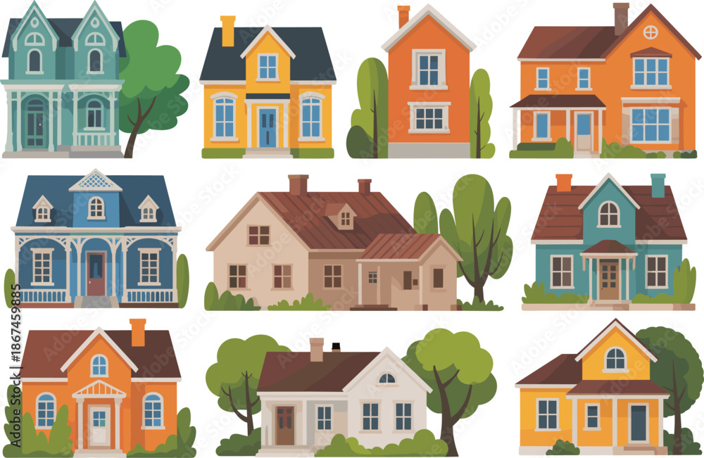 Naklejka premium Residential house illustrations, architectural styles, suburban homes, Victorian design, modern facade, landscaping art, urban planning, home exterior, diverse buildings, neighborhood concept