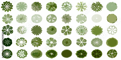 A collection of various green tree top views arranged in a grid pattern