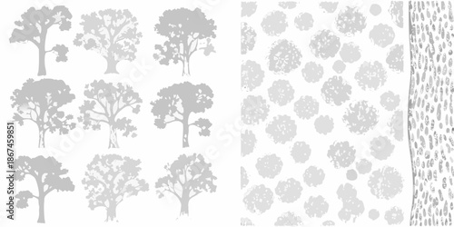 Gray scale forest pattern with repeating tree silhouettes and textured backgrounds
