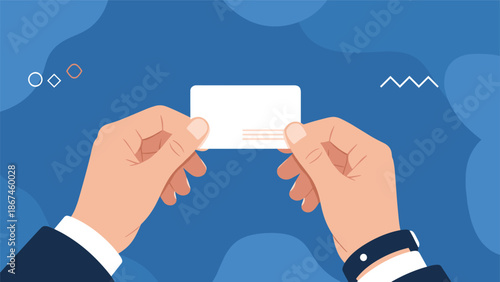 Businessman's hands holding a blank white business card, providing a template for contact information, branding, or a message.