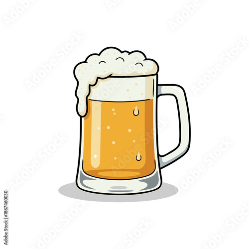 A cartoon-style illustration of a frothy beer mug on a white background, perfect for use in designs related to bars, pubs, or social gatherings.