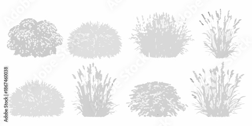 A collection of various shrub and tall grass silhouettes in grayscale
