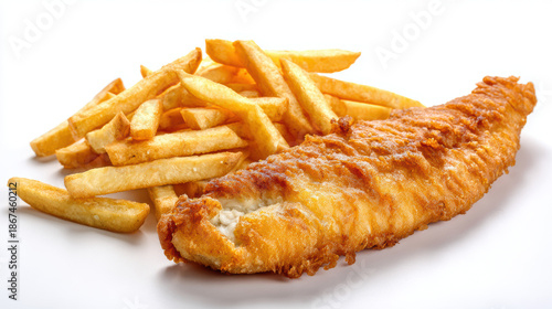 fried fish and chips on white background