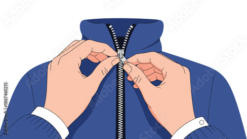 Close-up view of a person's hands zipping up the zipper on a blue jacket, showing the action of getting dressed or closing clothing.