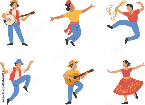 Traditional folk dancers, musical performers, cultural costumes, ethnic celebration, vibrant movement, festival art, heritage illustration, dance poses, music instruments, joyful energy
